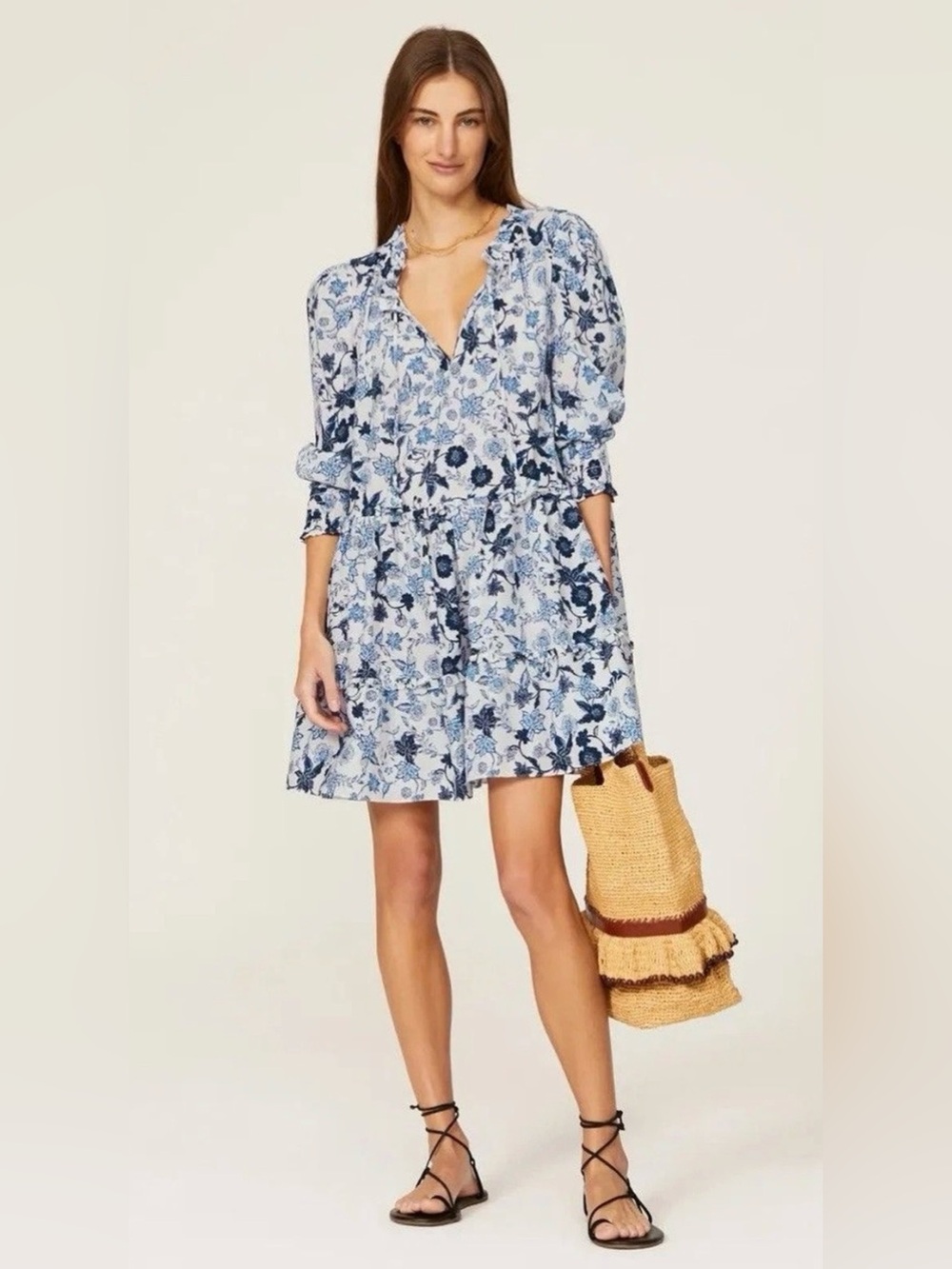 Misa maya Mini Dress Blue Floral V-Neck Tiered Mini Dress size XS